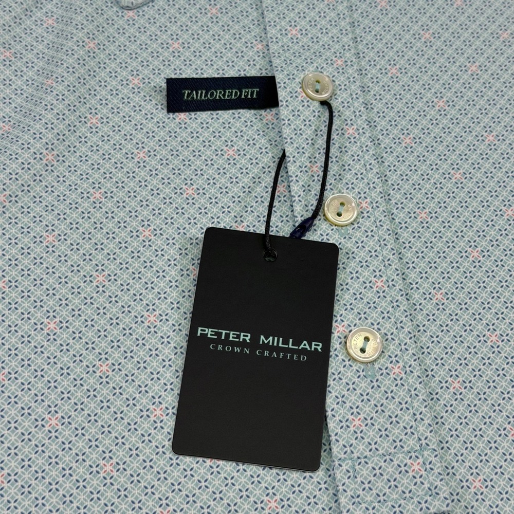 Peter Millar Mens XL Tailored Fit Crown Crafted Polo Shirt Light Blue Geometric - Picture 7 of 11